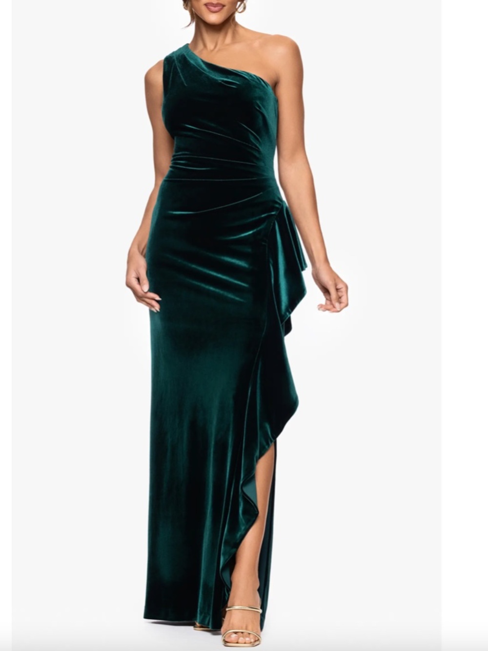 NEW XSCAPE Hunter Green ONE SHOULDER Ruched RUFFLE SIDE Stretch VELVET GOWN 6 - Picture 7 of 12